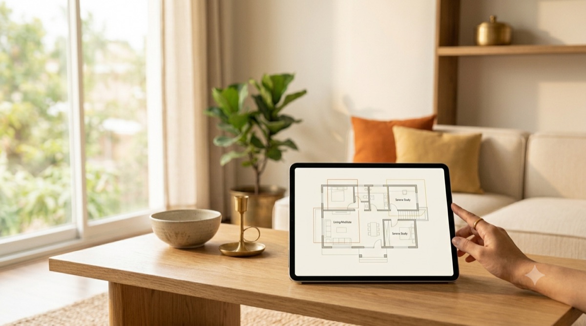 A floor plan on a tablet with subtle room overlays