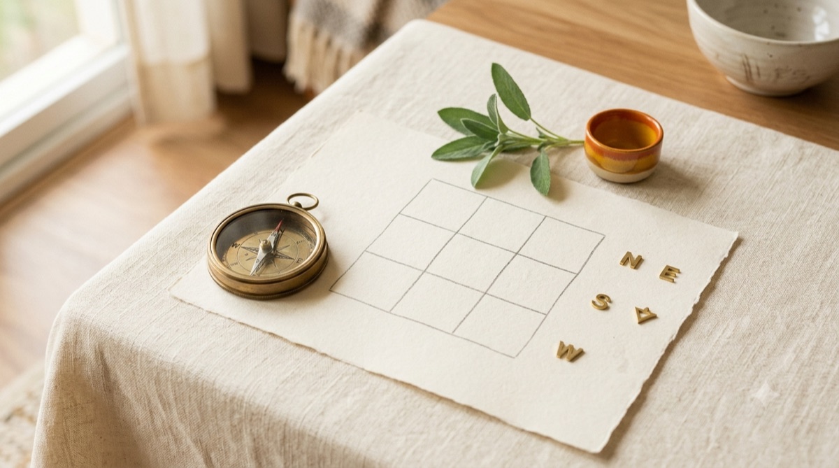 Brass compass and a Vastu direction grid on cream paper