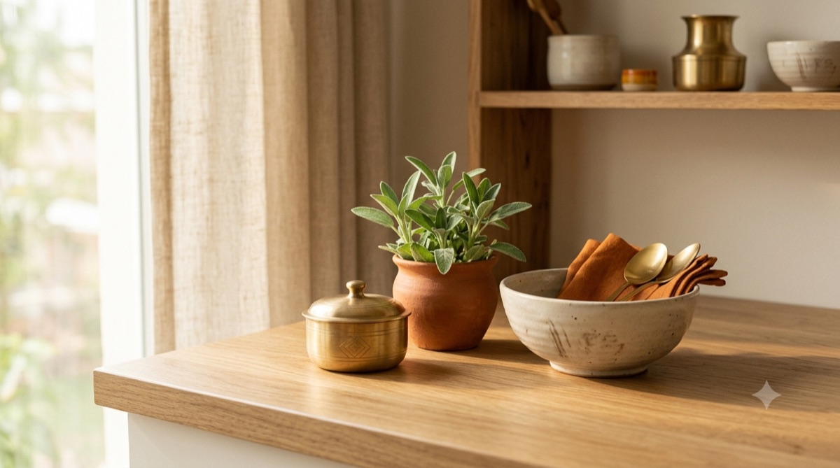 Sunlit corner of a warm modern Indian kitchen