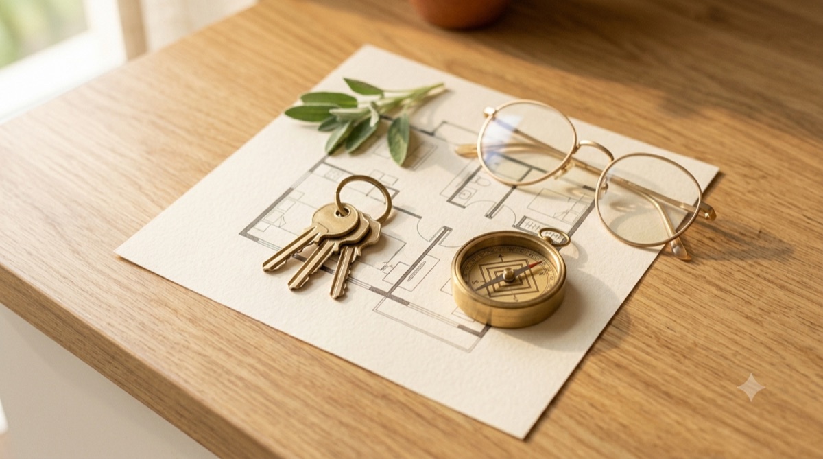 Apartment floor plan with house keys and a compass