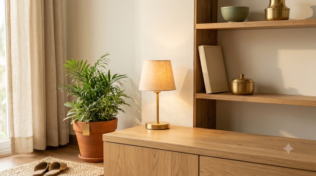 A calm home corner with a plant and a warm lamp