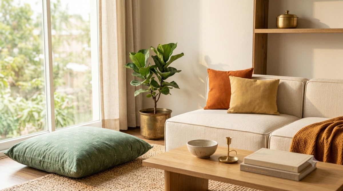 A cozy, light-filled rented apartment living space